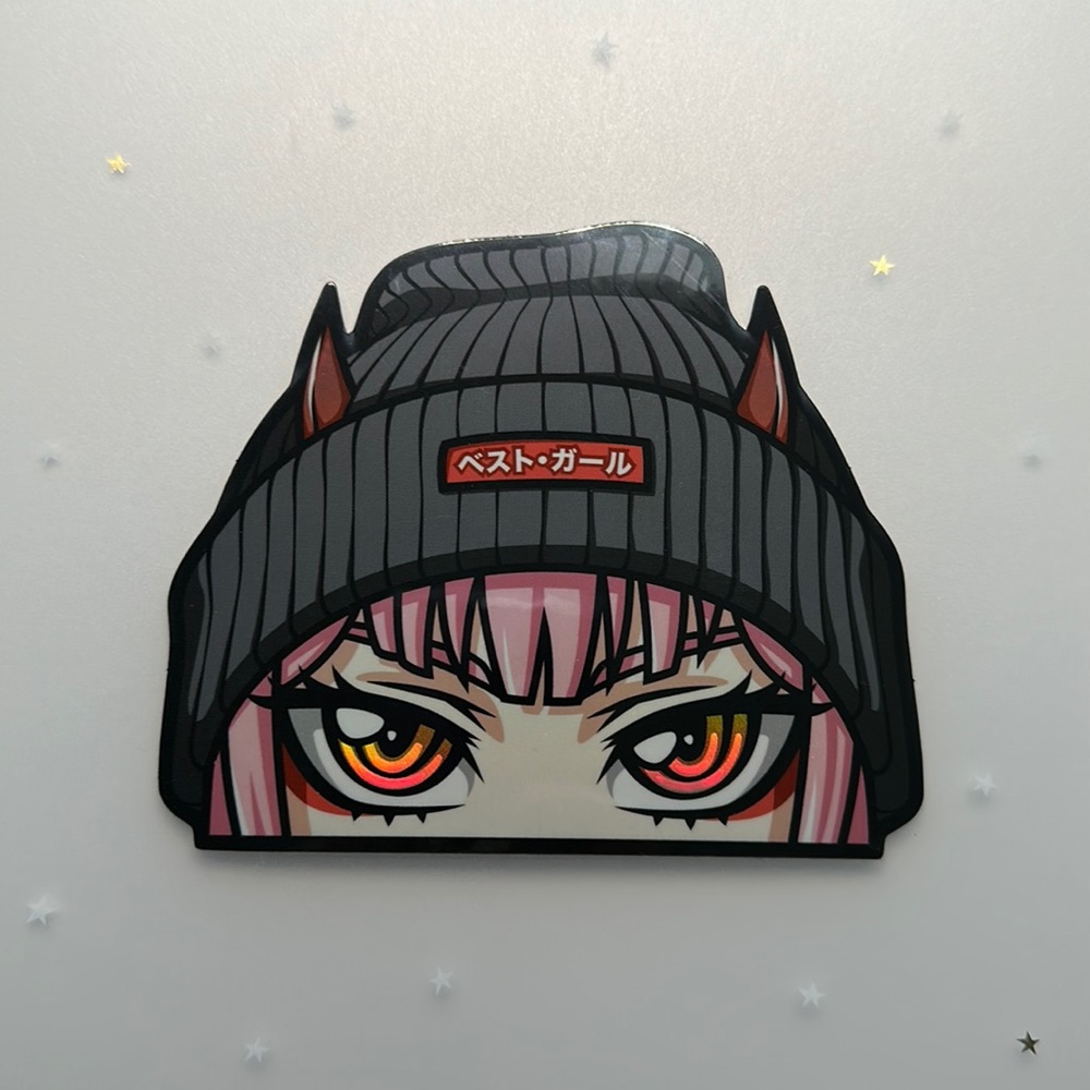 Hello Senpai Black Beanie Peeker (Holo) Sticker